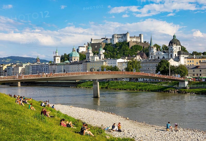 View over the Salzach river from Elisabethkai to the old town and the fortress Hohensalzburg