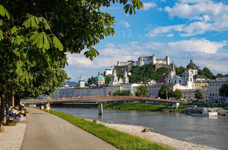 View over the Salzach river from Elisabethkai to the old town and the fortress Hohensalzburg