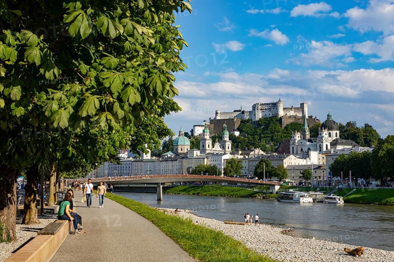 View over the Salzach river from Elisabethkai to the old town and the fortress Hohensalzburg