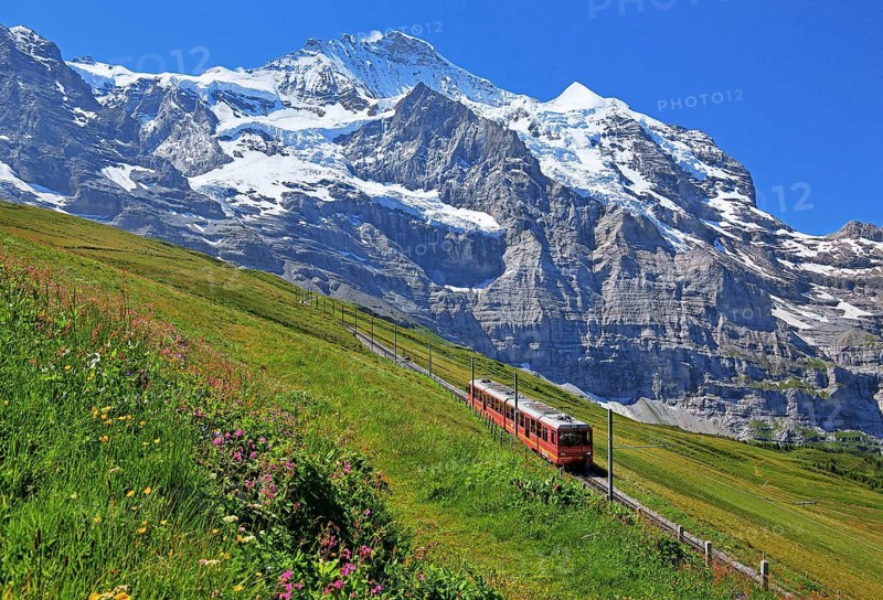Jungfrau Railway at Kleine Scheidegg in front of the Jungfrau-Massif