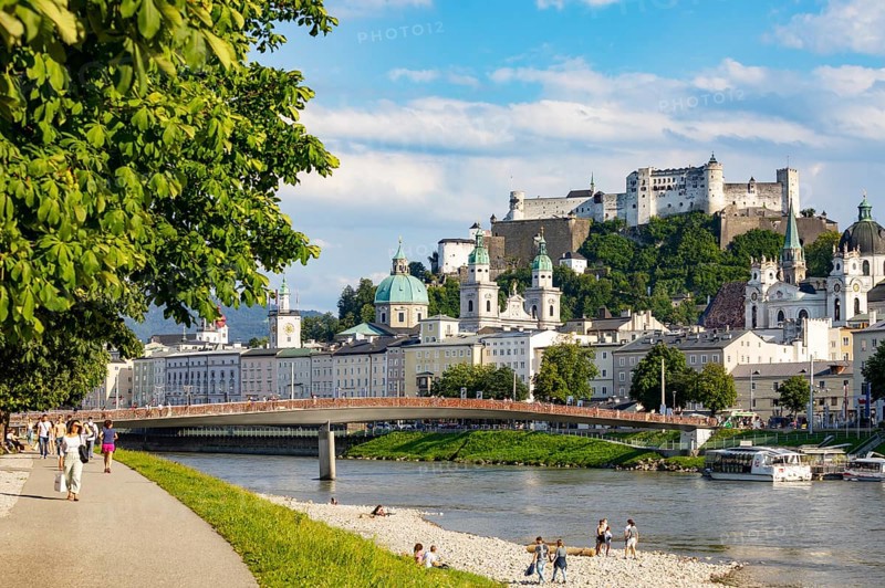 View over the Salzach river from Elisabethkai to the old town and the fortress Hohensalzburg