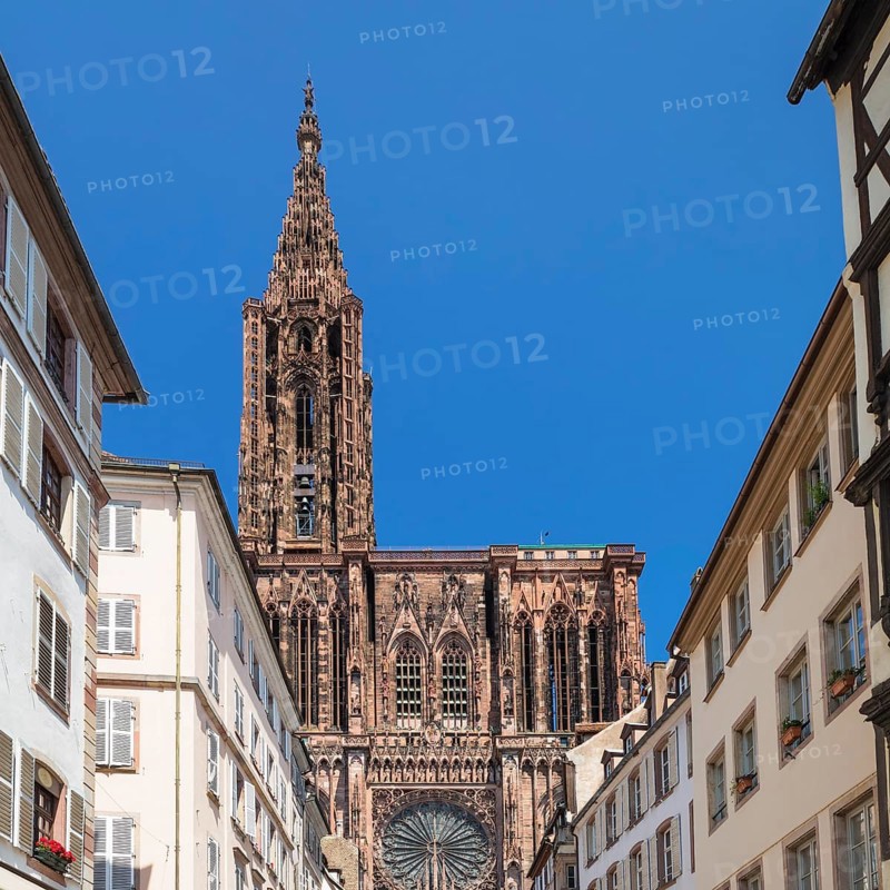 View from the Rue Merciere to the west facade of the Strasbourg Cathedral