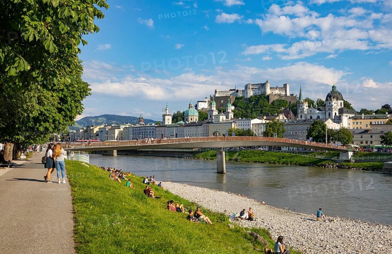 View over the Salzach river from Elisabethkai to the old town and the fortress Hohensalzburg
