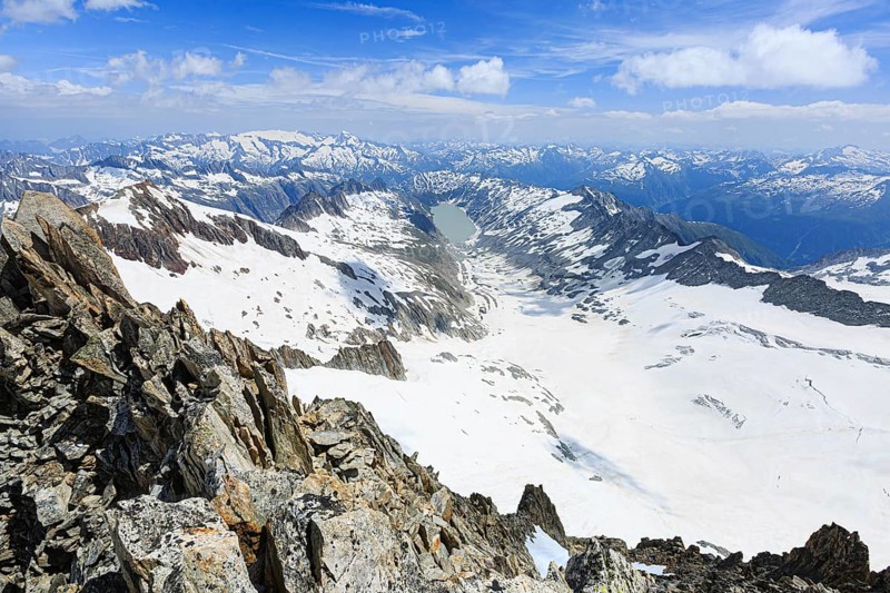 View from Oberaarhorn in direction Grimselpass to Oberaar Glacier and Oberaarsee