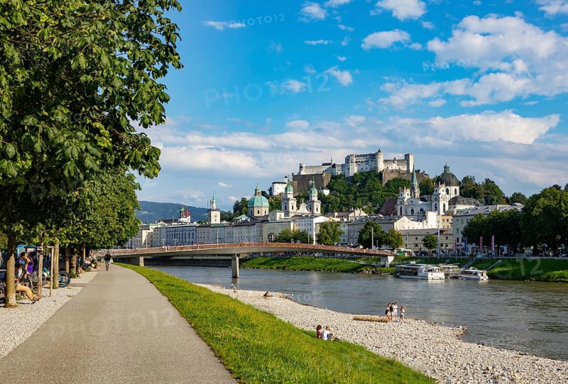 View over the Salzach river from Elisabethkai to the old town and the fortress Hohensalzburg