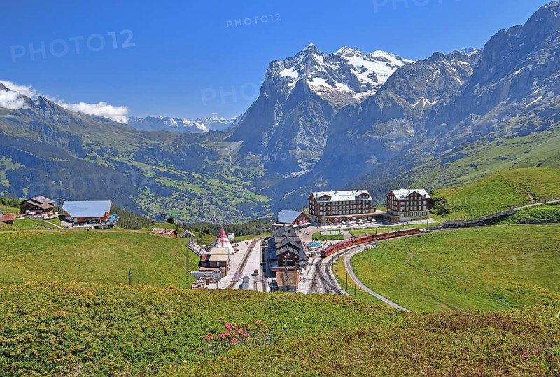 Kleine Scheidegg with Jungfrau Railway and Wetterhorn over Grindelwald