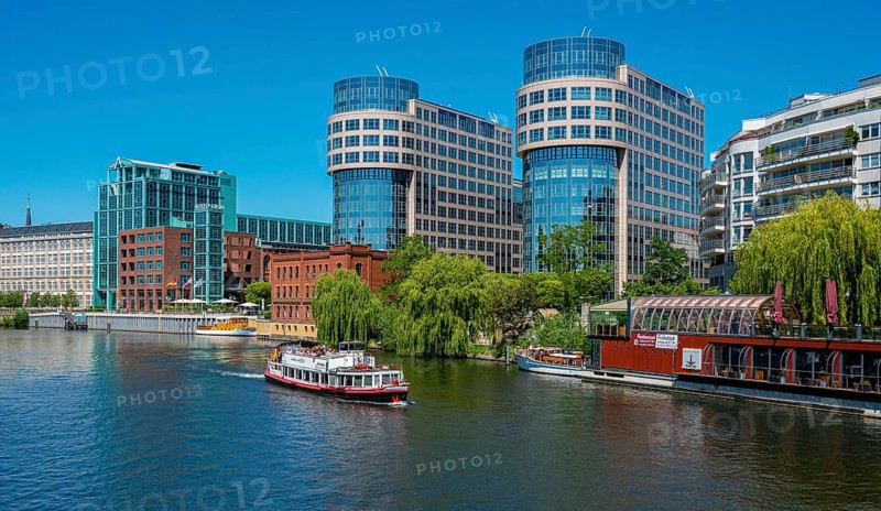 Excursion boat on the river Spree at Spreebogenpark in Berlin Moabit