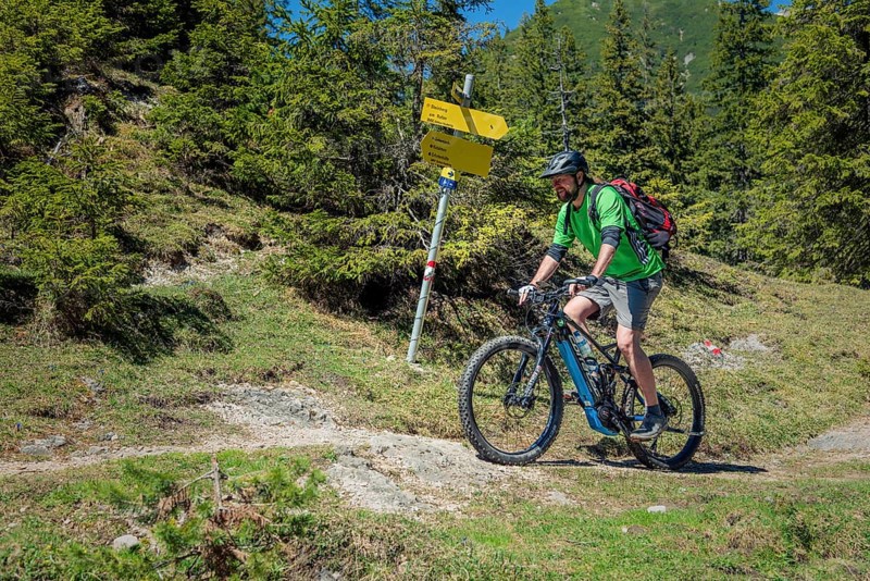 Mountain biker rides eMTB on single trail in the mountain forest