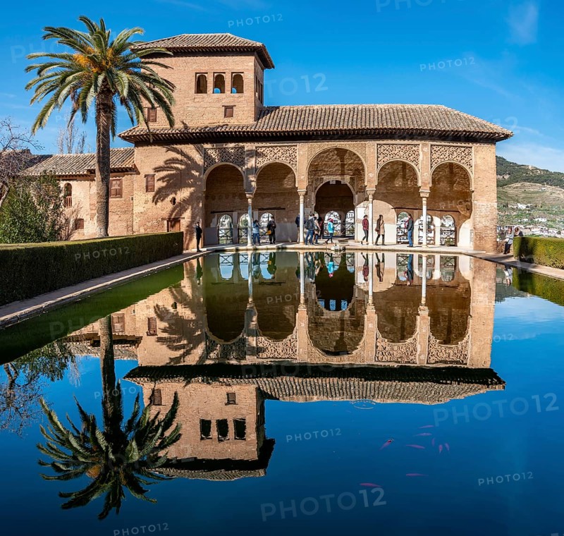 Historic building El Partal with pool and palm trees