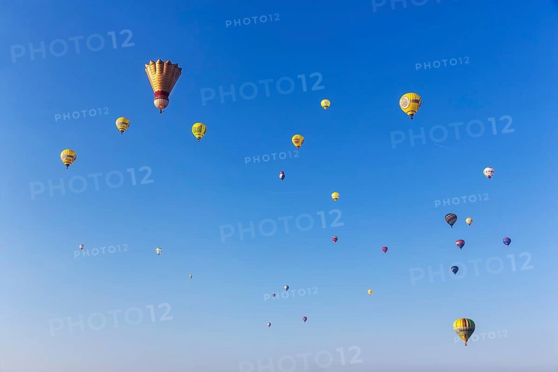 Various hot air balloons in front of a blue sky