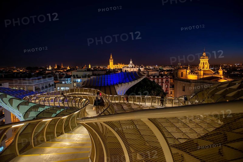 View over Sevilla from Metropol Parasol at night