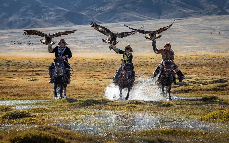 Young eagle hunters. Bayan-Ulgii province