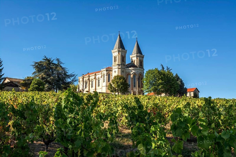 Regnie Durette church in the Beaujolais vineyard