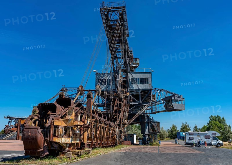 Camper at the bucket wheel excavator Gemini in the open air museum Ferropolis