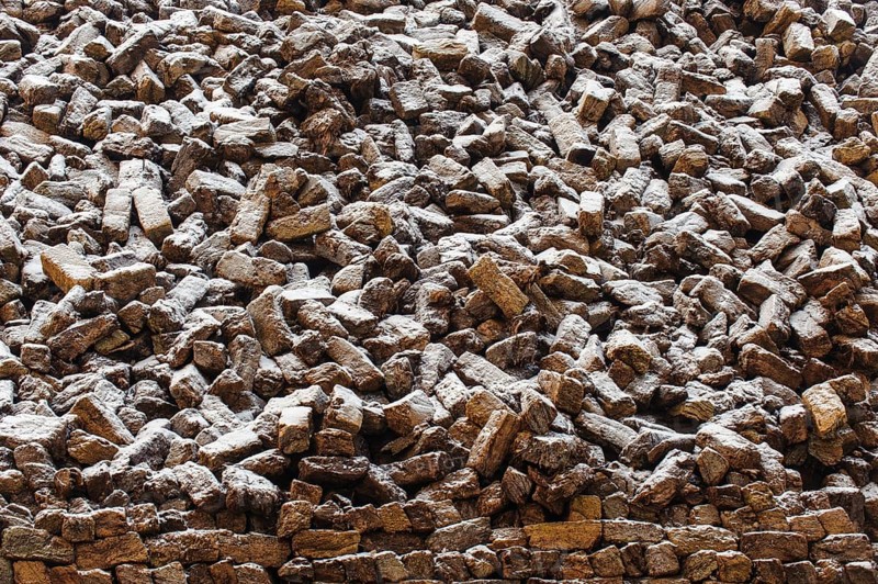 Peat sods in winter with snow