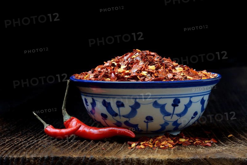 Chili flakes in shell and chilli peppers