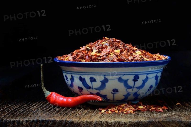 Chili flakes in shell and chili pepper