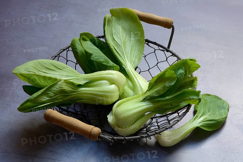 Pak Choi or Chinese mustard cabbage in wire basket