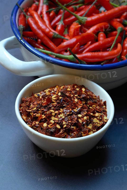 Chili flakes in shell and chilli peppers