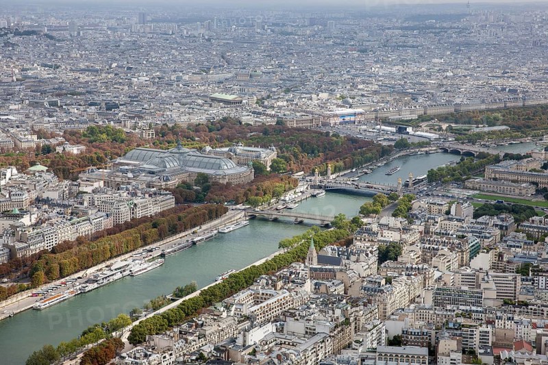 City view from the top of the Eiffel Tower towards Siena and Pont Alexandre III Bridge