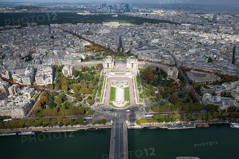 City view from the top of the Eiffel Tower towards Siena and Jardins du Trocadero