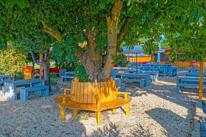Beer garden with round bench and chestnut tree