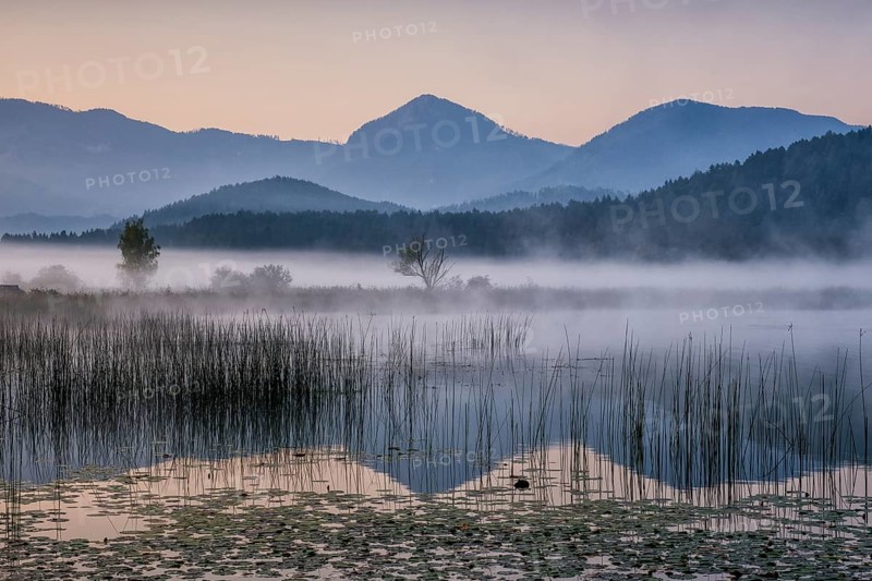 Sunrise with wafts of mist over the Lake Turnersee