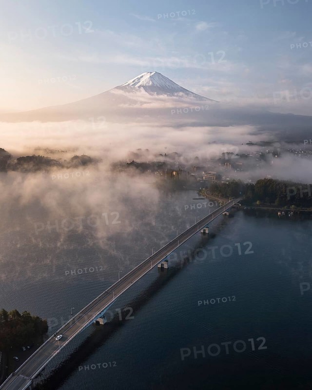 Aerial view from the road over Lake Kawaguchiko to sunrise