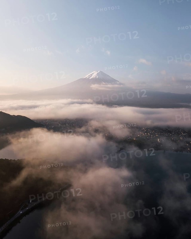 Aerial view of Lake Kawaguchiko at sunrise