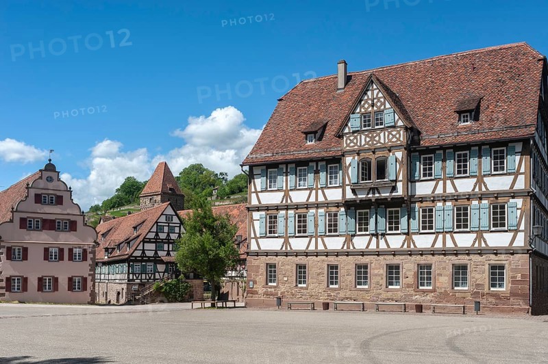 Monastery courtyard with historical half-timbered ensemble