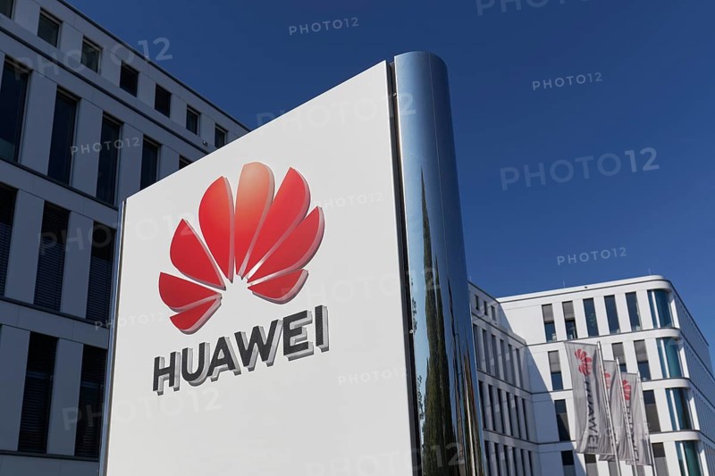 Logo on the European headquarters of Huawei Technologies in Düsseldorf