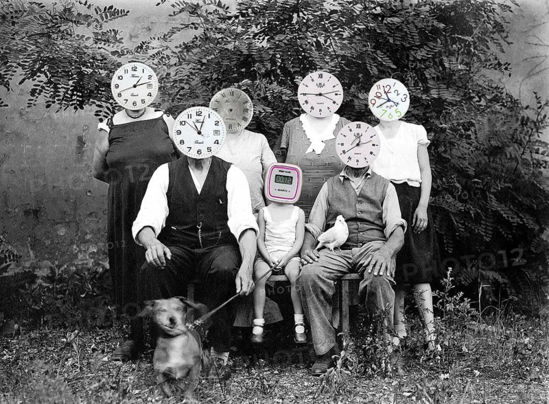 Family with watches as heads
