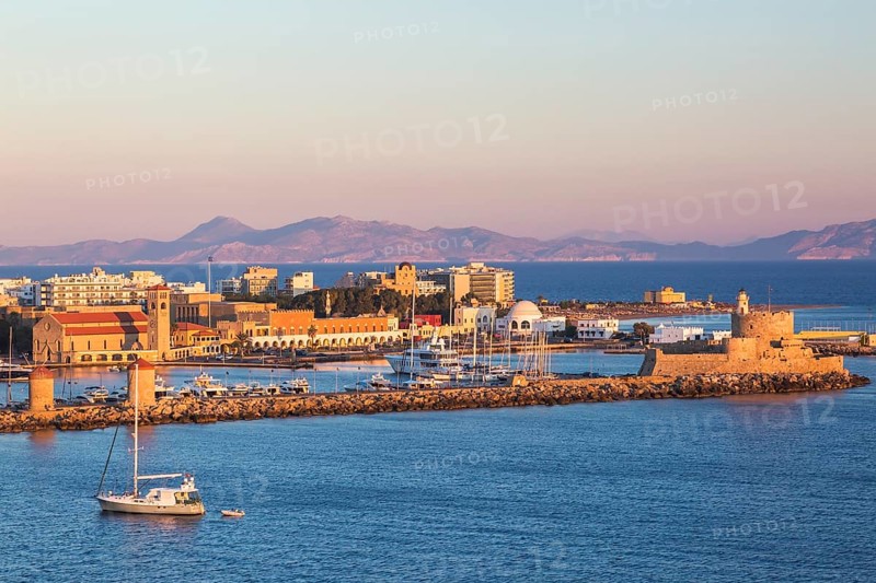 Fort of Saint Nicholas with Mandraki marina at sunrise