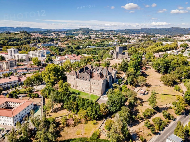 Aerial view of palace of dukes of Braganza and Castle in Guimaraes