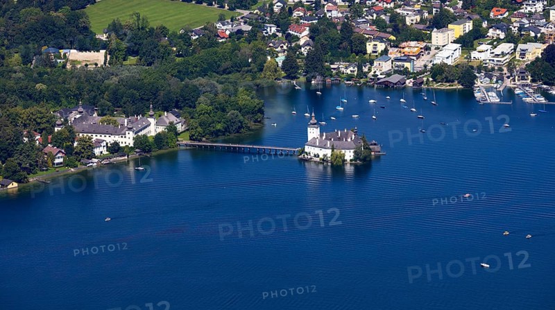 View from the treetop path at Gruenberg to Lake Traun Castle Ort and Gmunden