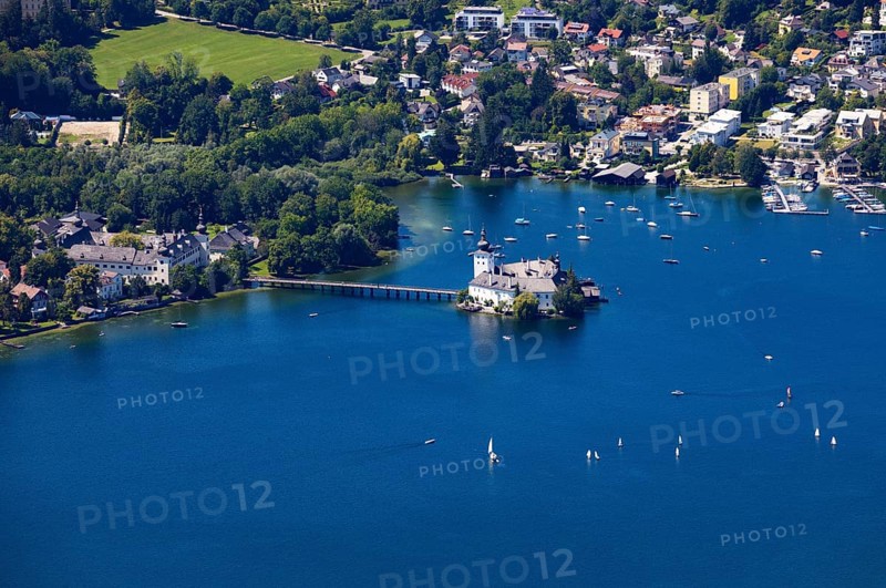 View from the treetop path at Gruenberg to Lake Traun Castle Ort and Gmunden