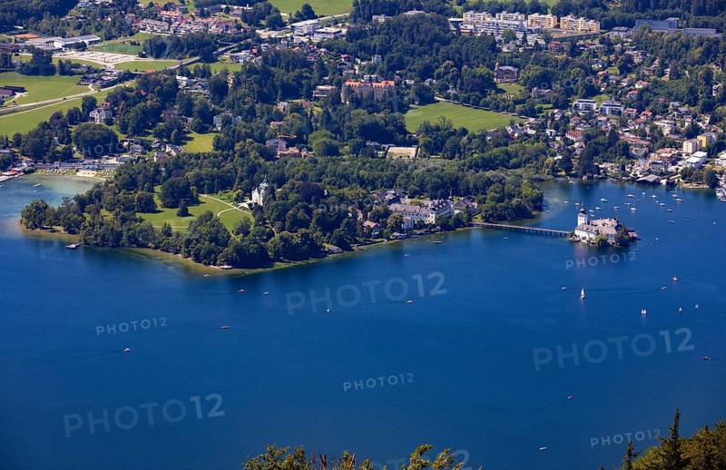 View from the treetop path at Gruenberg to the Lake Traun Toscana Park Schloss Ort and Gmunden