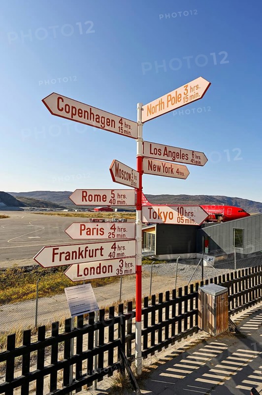 International names of capitals on signposts next to the runway