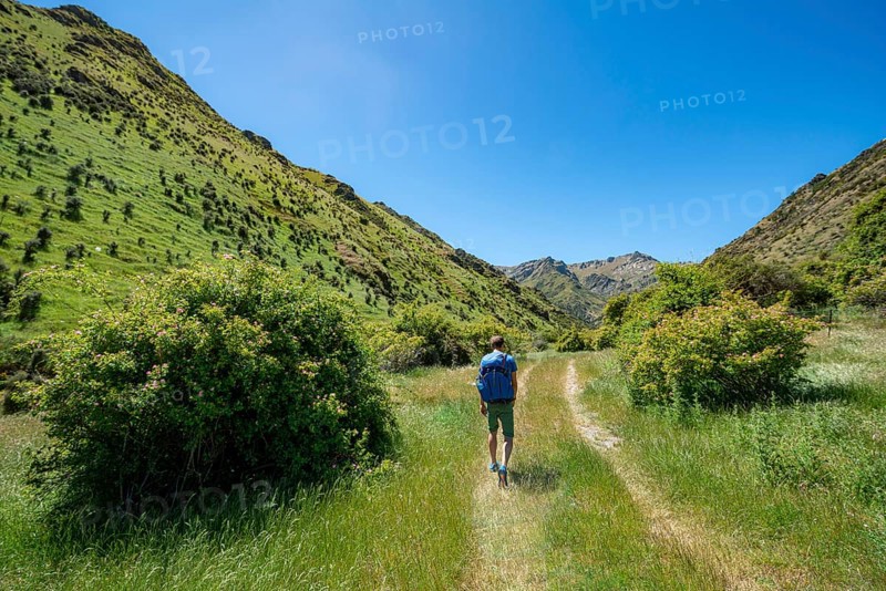 Hiker on trail in a valley