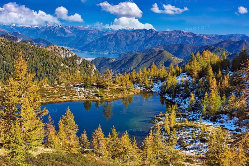 Mountain lake surrounded by autumnal larches