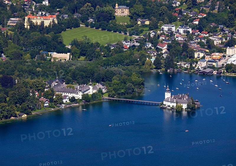View from the treetop path at Gruenberg to Lake Traun Castle Ort and Gmunden