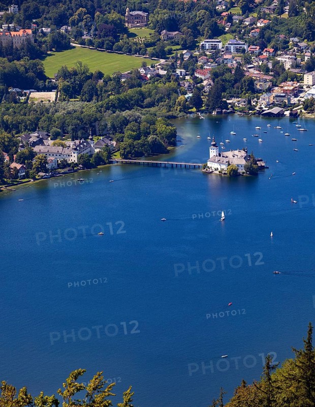 View from the treetop path at Gruenberg to Lake Traun Castle Ort and Gmunden