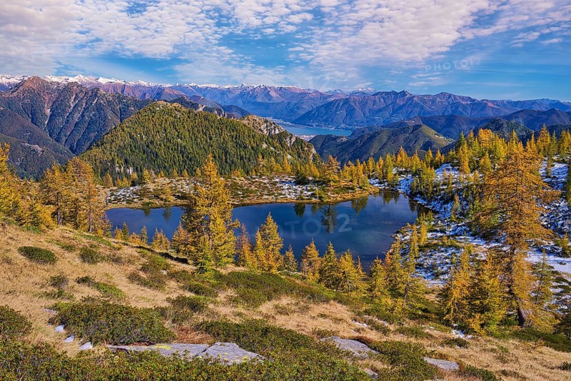 Mountain lake surrounded by autumnal larches