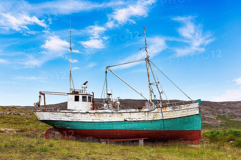 Shipwreck in barren landscape