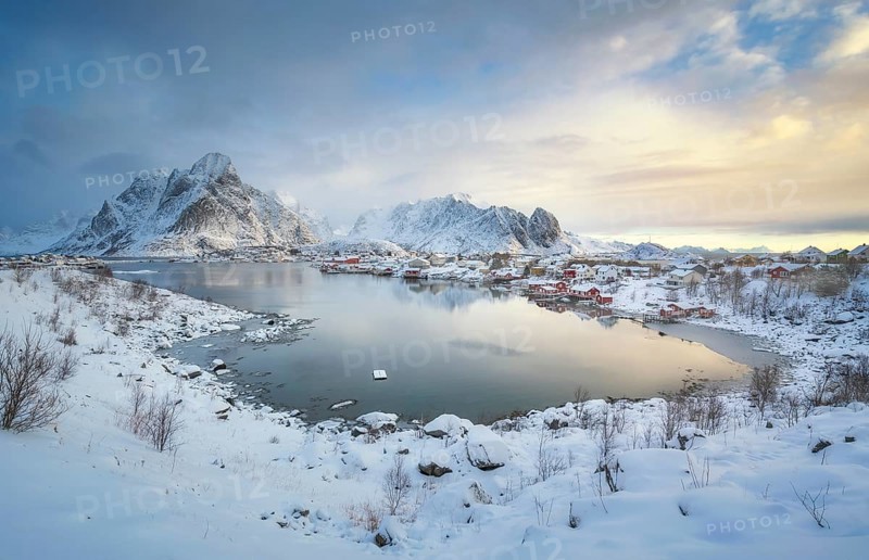 Fishing village Reine in winter at dawn