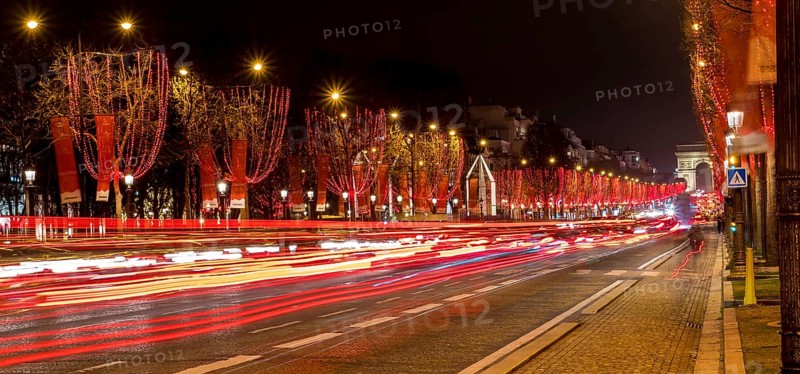 Night shot of the Christmas illumination of the Avenue des Champs-Elysees
