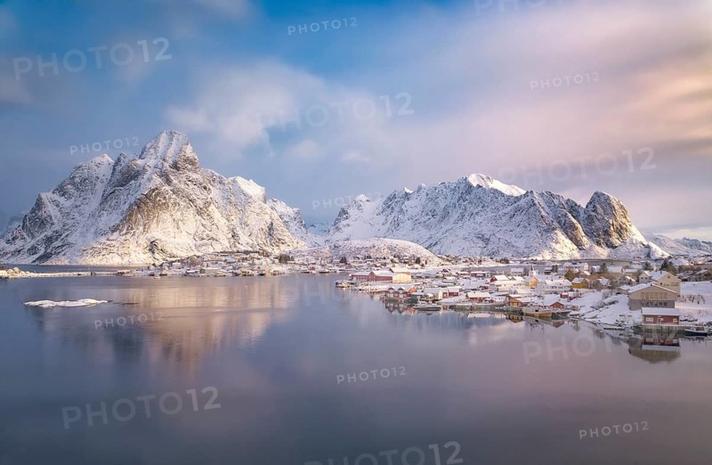 Fishing village Reine in winter at dawn