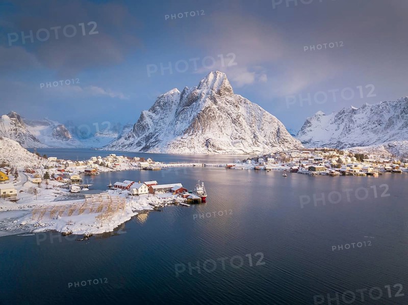 Fishing village Reine in winter at dawn