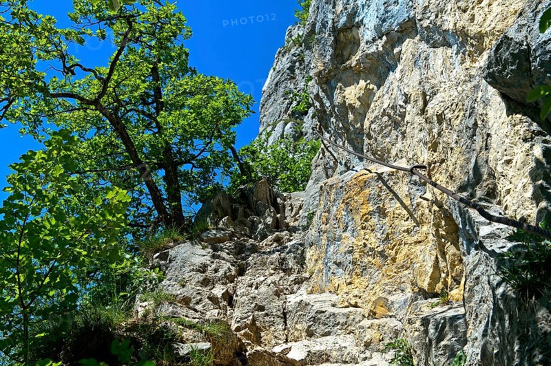 Part of the Orjobet geological trail secured with steel cables to the summit of Mont Saleve