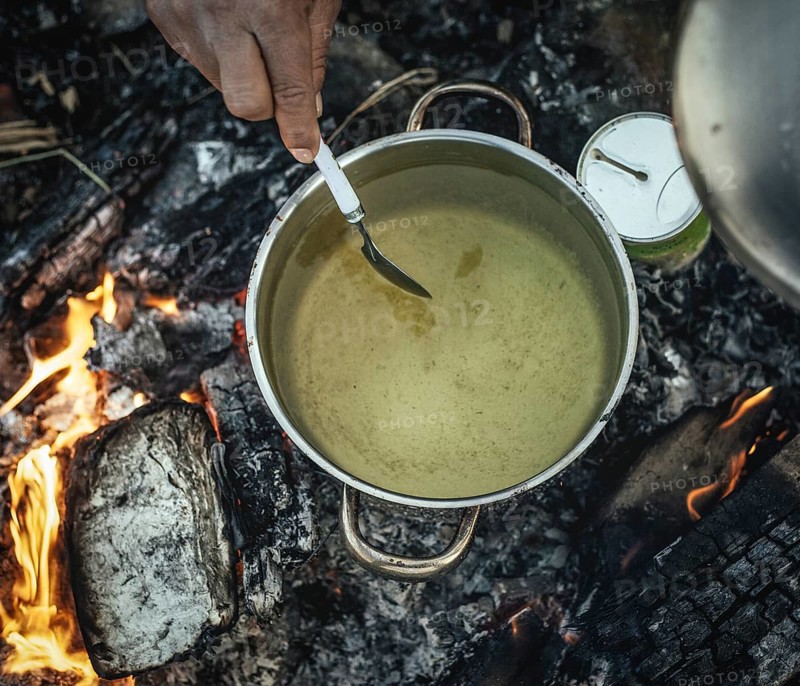Pea soup on campfire